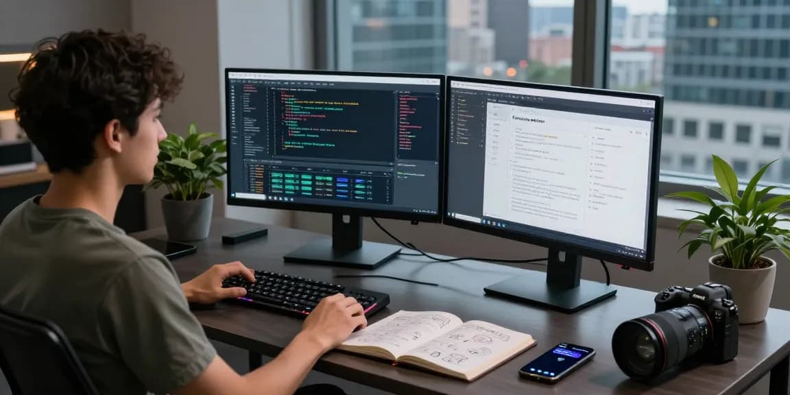 Data scientist analyzing large language models in a modern tech workspace with dual monitors and coding visuals.