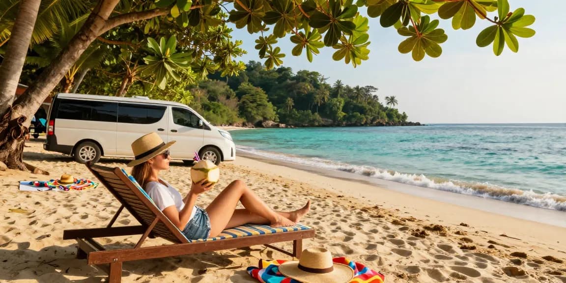 Thailand Transfers at a luxurious beach resort with a traveler enjoying a coconut drink under golden sunset.