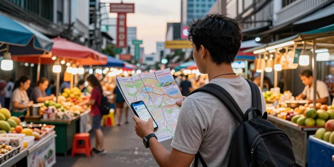 Thailand Transfers made easy at a bustling Bangkok street market with vibrant food stalls.