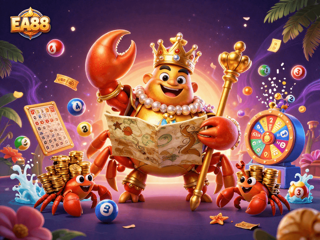 Join the EA88 adventure with a golden crab emperor and lively game elements in this vibrant casino illustration.