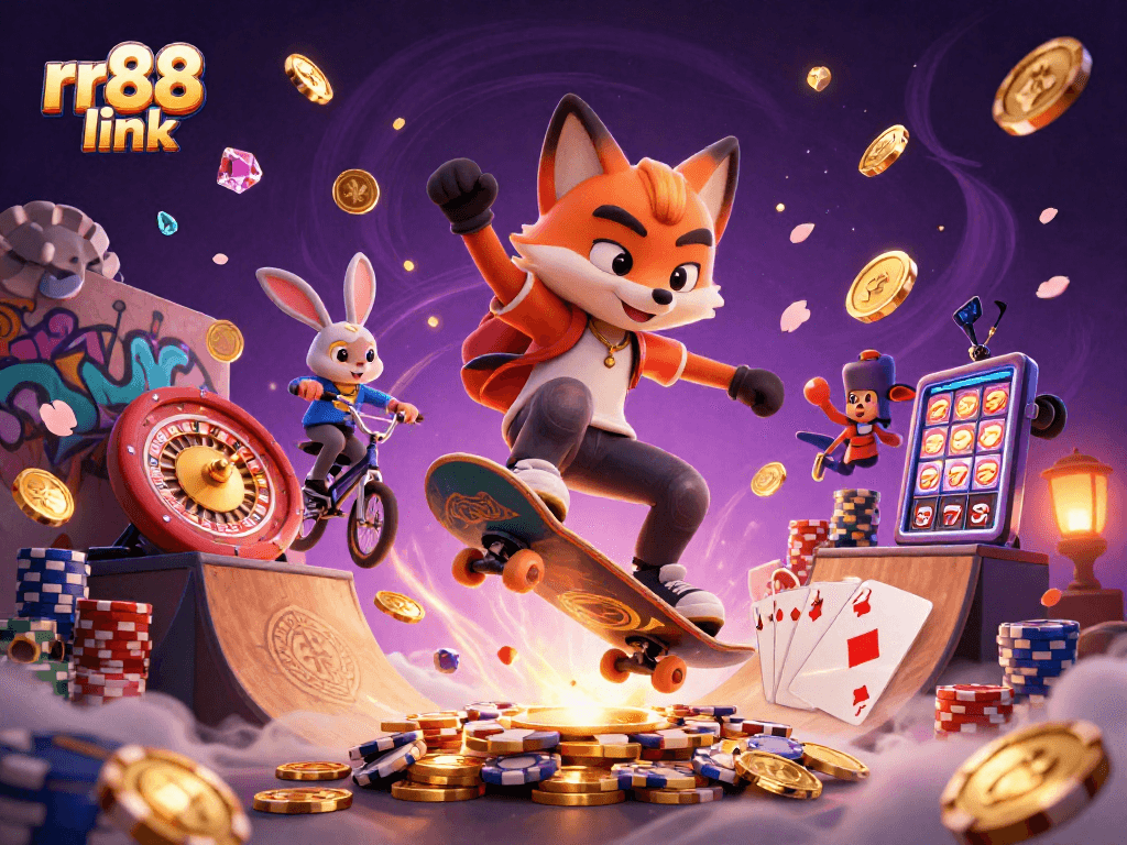 Experience the thrilling rr88 link adventure with a 3D fox and rabbit in a dynamic casino scene.