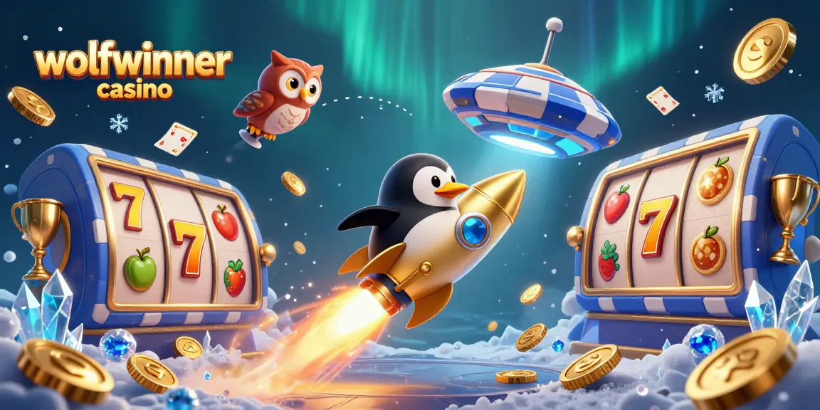 Experience the excitement of wolfwinner casino with a golden penguin racing to a poker chip station amidst vibrant casino elements.