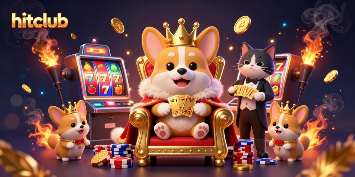 Win big at hitclub with a royal corgi sitting on a poker chip throne, amidst dynamic slot symbols.