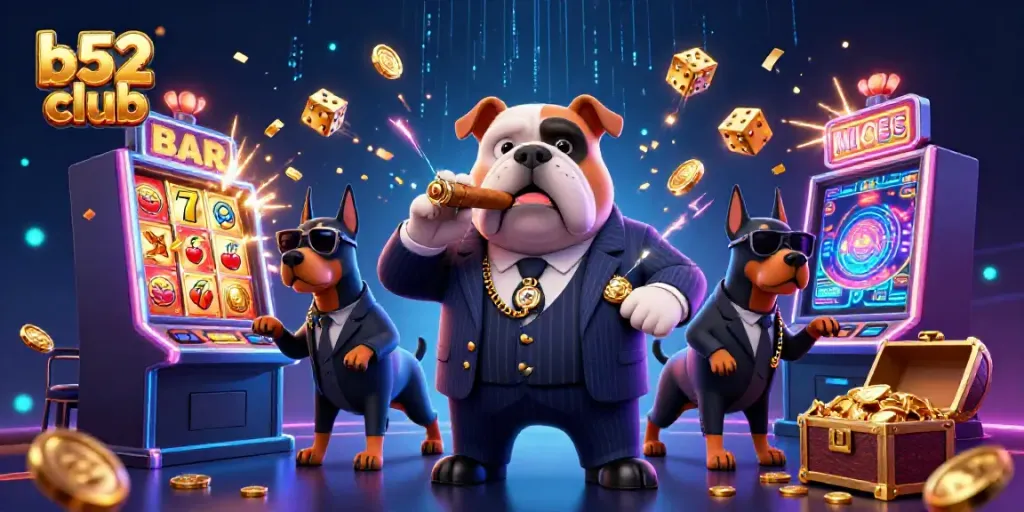 B52 Club brings excitement with a mafia bulldog and Doberman bodyguards surrounded by jackpot wins and colorful gaming elements.