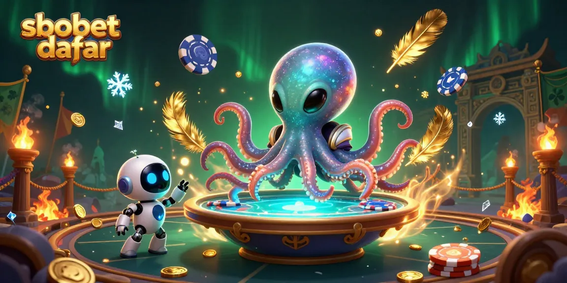 Bet on sbobet daftar with a 3D alien octopus at a holographic poker table in a vibrant casino scene.
