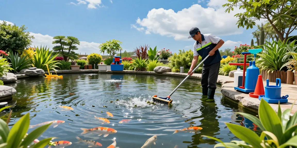 Pond cleaning companies technician cleaning a vibrant garden pond with koi fish