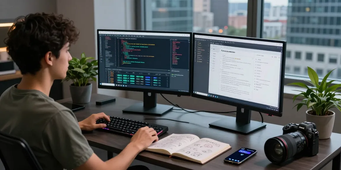 Data scientist analyzing large language models in a modern tech workspace with dual monitors and coding visuals.
