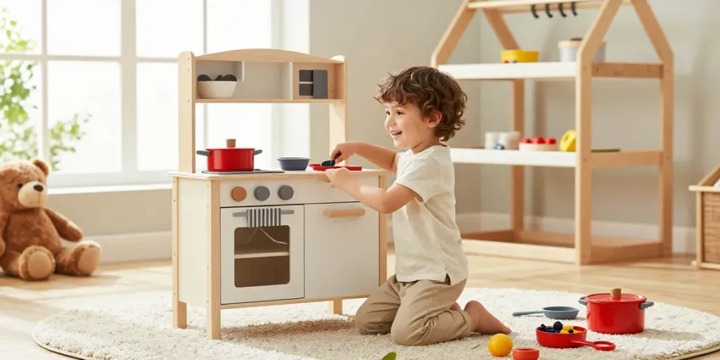 Engaging children’s playroom with a wooden kitchen set, child cooking joyfully.