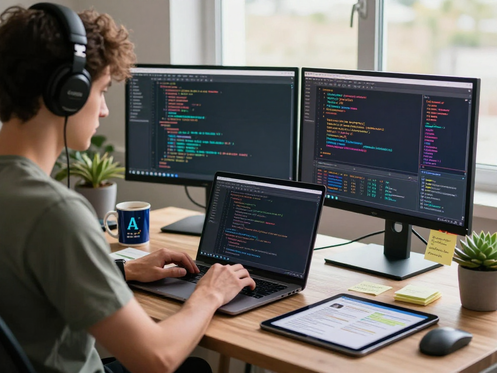 Spicy AI developer coding innovative algorithms in a modern workspace with dual monitors.