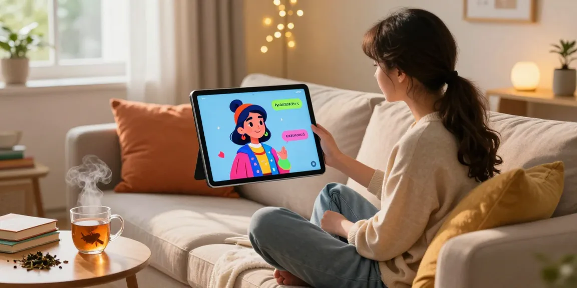 Immersive scene of AI 18+ virtual chat with a stylish animated character in a cozy living space.