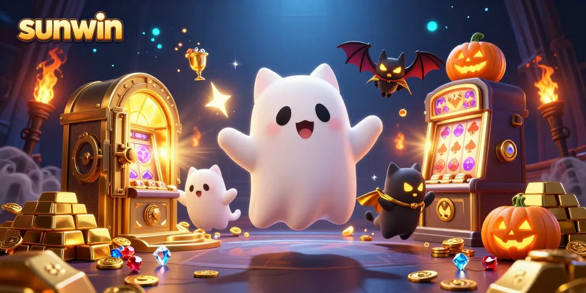 Experience thrilling wins at sunwin with a friendly ghost cat and vampire bat in a vibrant casino