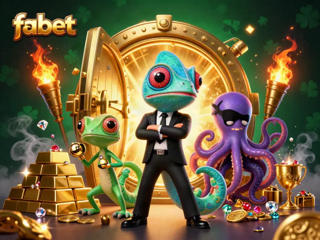Experience fabulous winnings at fabet with a colorful Bond-style chameleon and a tech-savvy gecko in thrilling casino action.