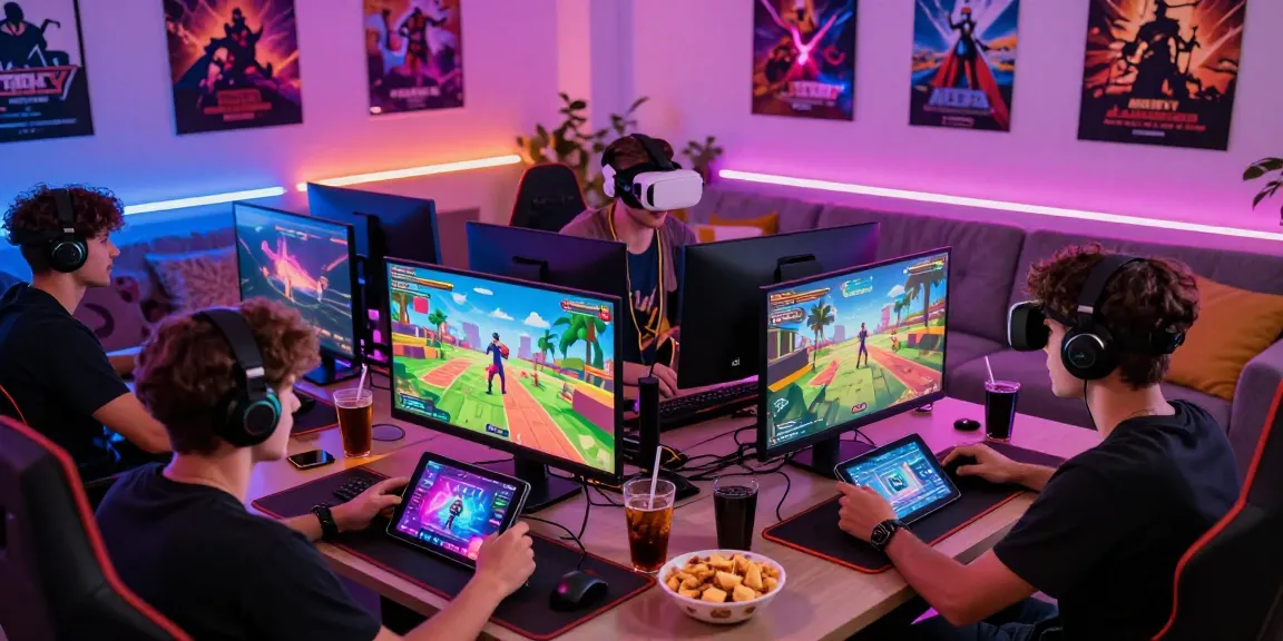 Engaged players enjoying various porn games online in a colorful gaming setup.