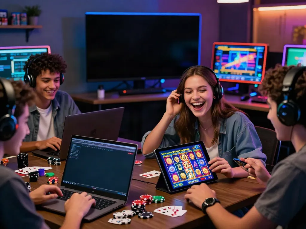 Excited players enjoying credit card slots in a vibrant gaming room, showcasing dynamic interactions and modern technology.