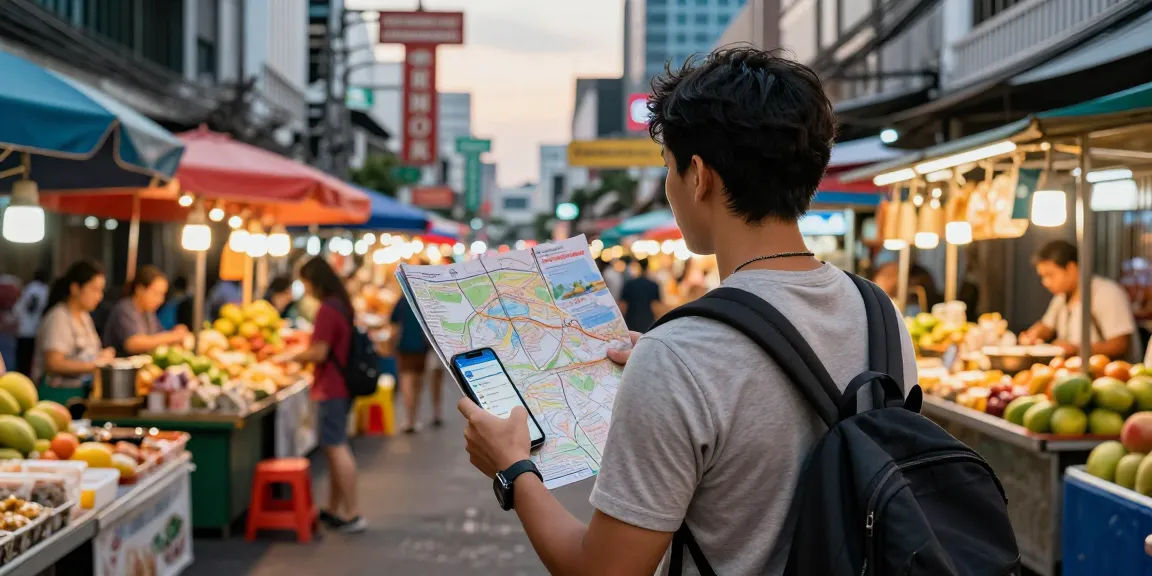 Thailand Transfers made easy at a bustling Bangkok street market with vibrant food stalls.