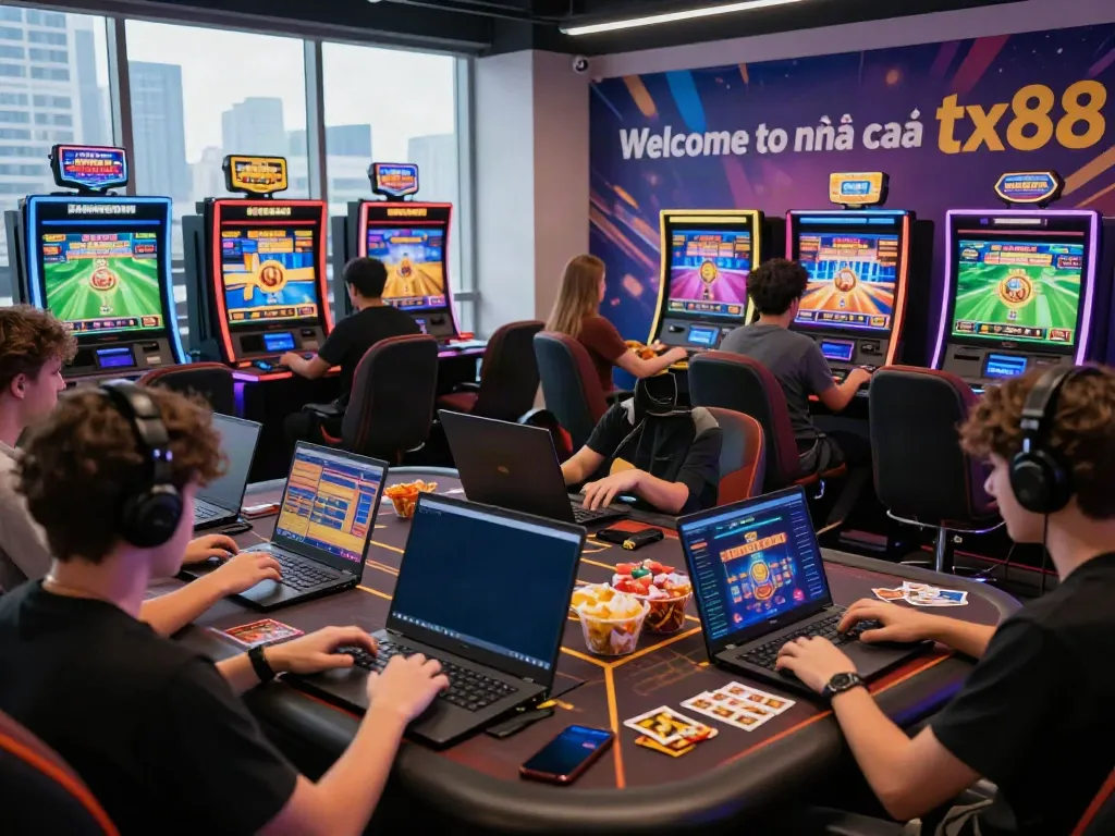 Exciting gaming environment illustrating diverse players at nhà cái tx88, engaging with slot machines and live sports betting.