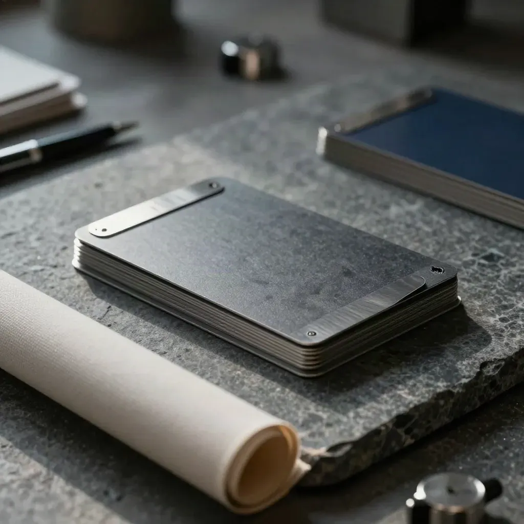 Graphite phase cards with aluminium tabs, steel weights and rolled canvas on stone in soft morning light.