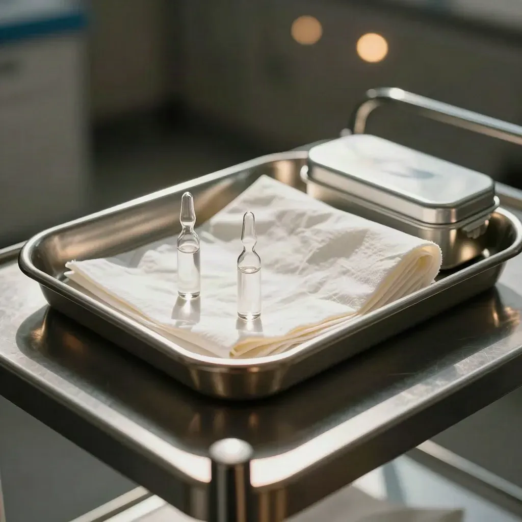 Dramatic close still life of a medical tray with ampoules, drape and aluminium container in soft haze