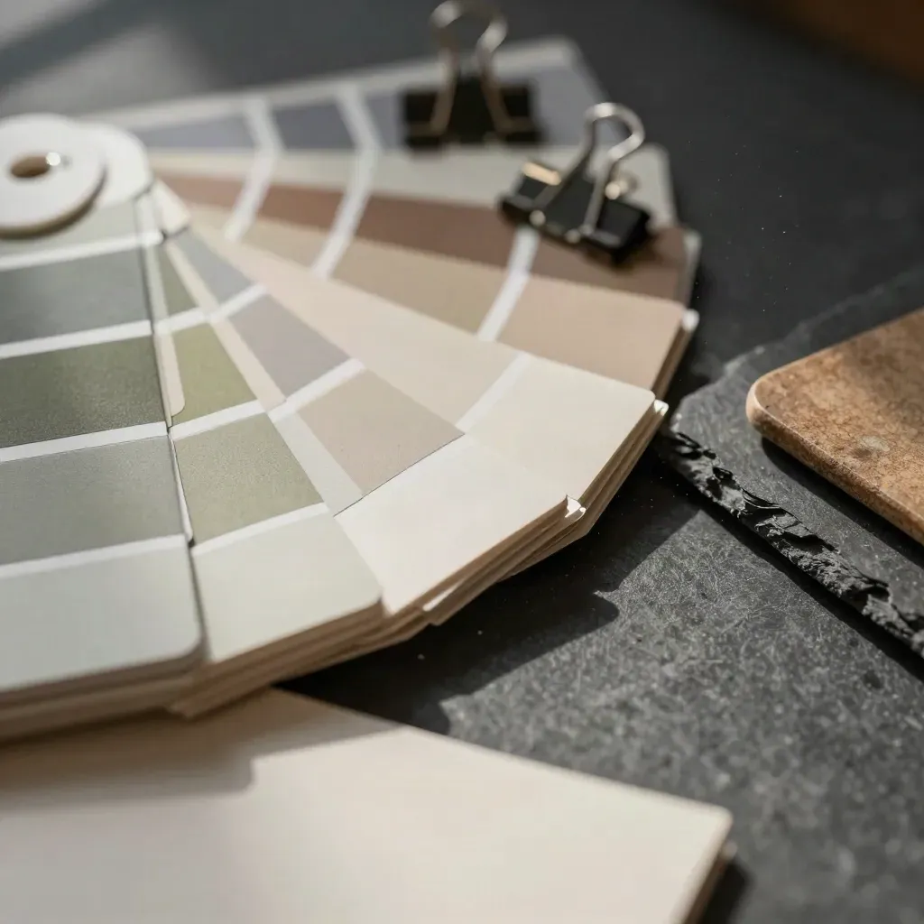 Colour swatches, sample boards and a bone folder on slate stone, lit by soft raking light.