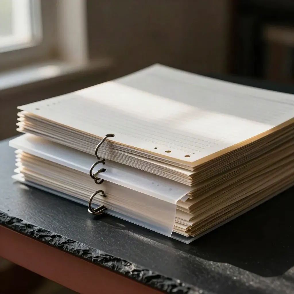 Clipped ledger sheets and binder rings in a dark archive still life, lit by soft upper-left daylight.