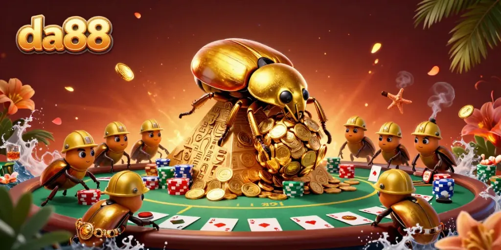 Experience thrilling gameplay with da88, featuring a cartoon beetle scene laden with casino treasures.