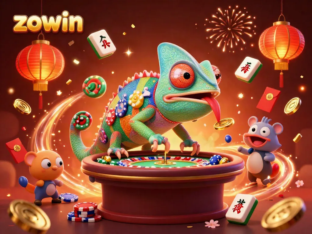 Experience the vibrant energy of zowin with a colorful chameleon casino owner and bursting game elements.