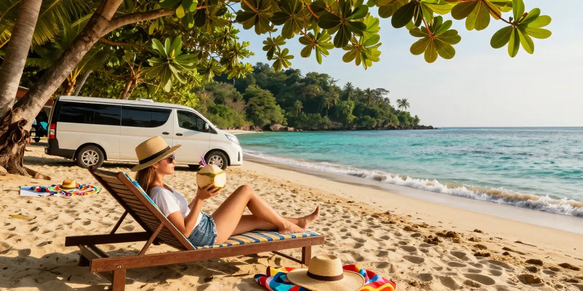 Thailand Transfers at a luxurious beach resort with a traveler enjoying a coconut drink under golden sunset.