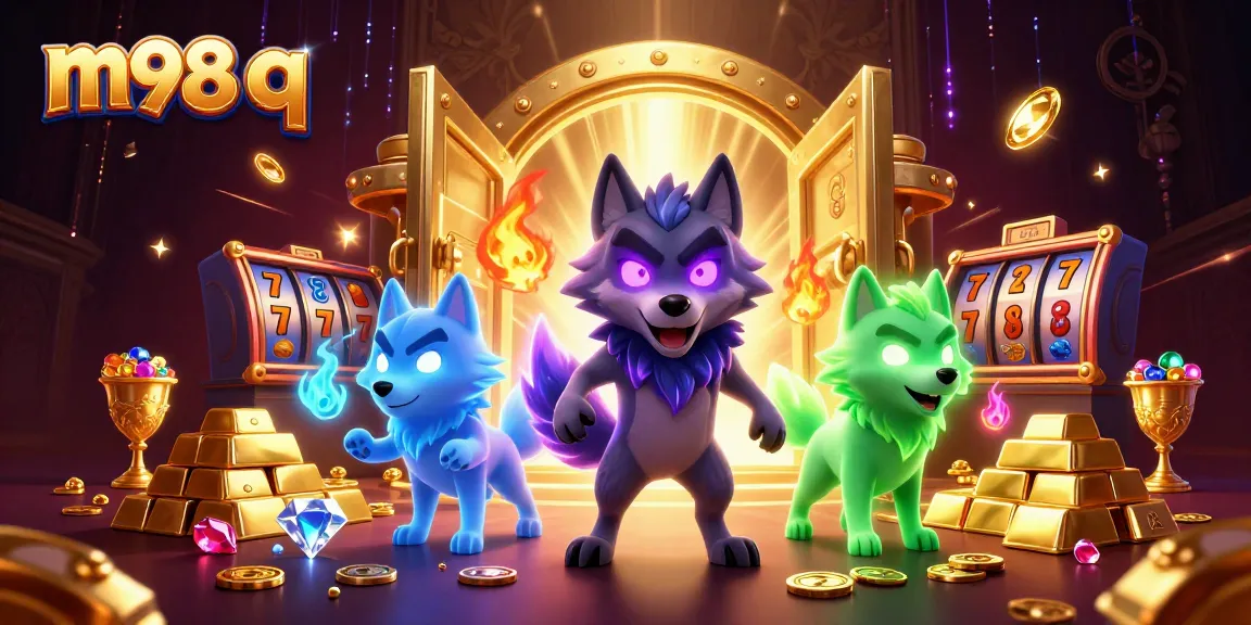 Experience m98 q thrills with glowing wolves amid a vibrant casino treasure scene.