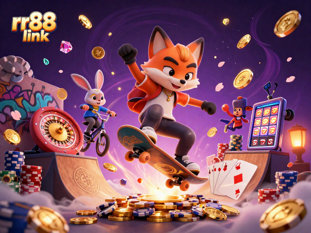 Experience the thrilling rr88 link adventure with a 3D fox and rabbit in a dynamic casino scene.