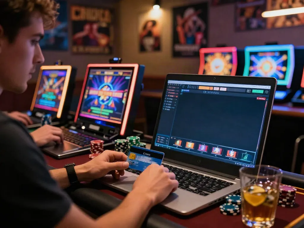 Player making a credit card deposit at a vibrant online casino.