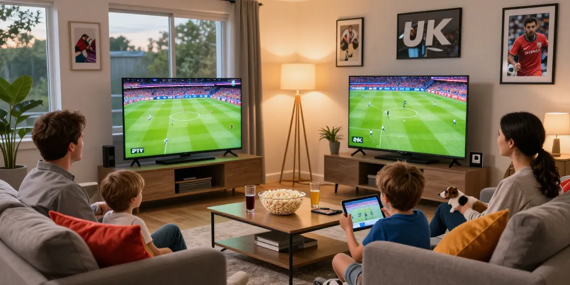 Family enjoying IPTV UK sports on Smart TV in bright living room