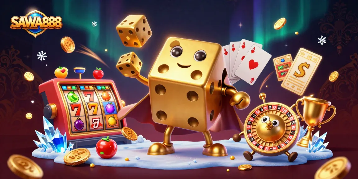 Experience SAWA888's vibrant slots scene with a golden dice golem, slot reels, and dynamic casino elements.