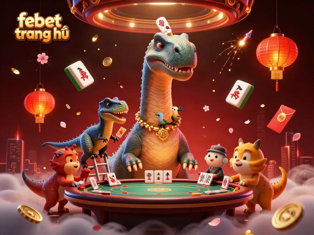 Experience the vibrant fun at febet trang chủ with a whimsical brontosaurus dealer and festive gambling elements.