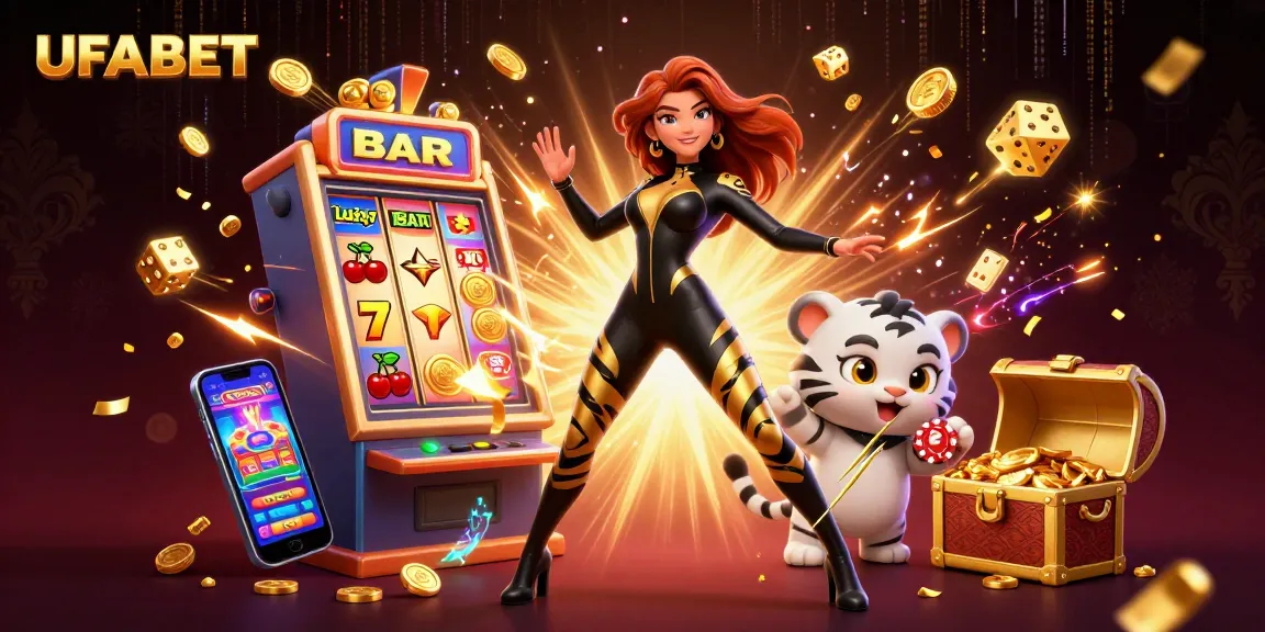 Play exciting games with UFABET in this vibrant online casino illustration featuring dynamic characters and casino elements.