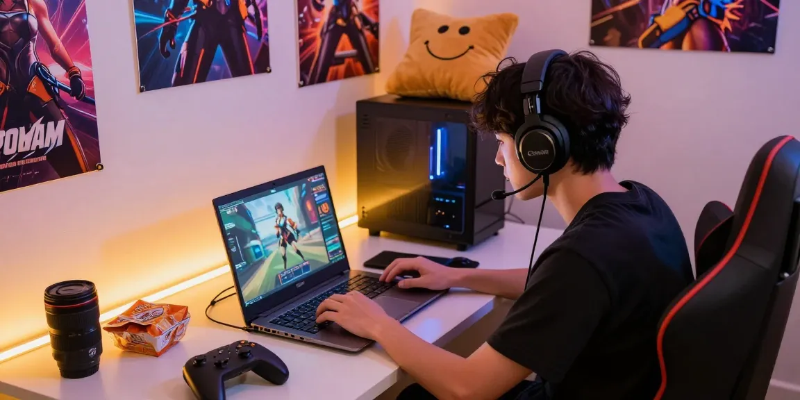 Engaged gamer playing an online hentai game in a cozy room with colorful surroundings.
