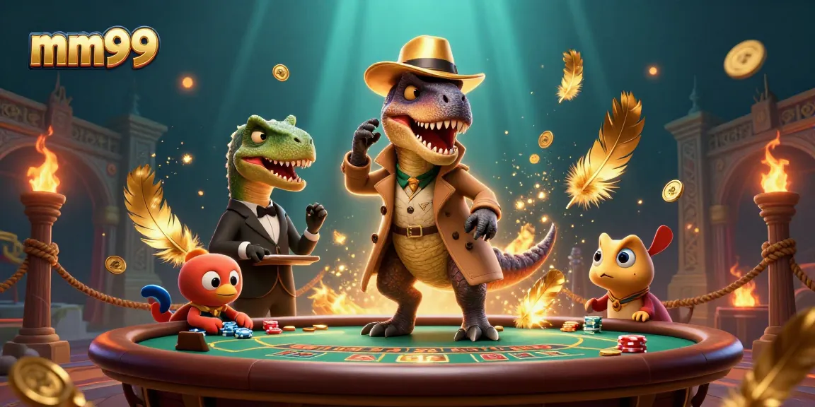 Play at mm99 with a cartoon velociraptor expertly counting cards amidst casino excitement.