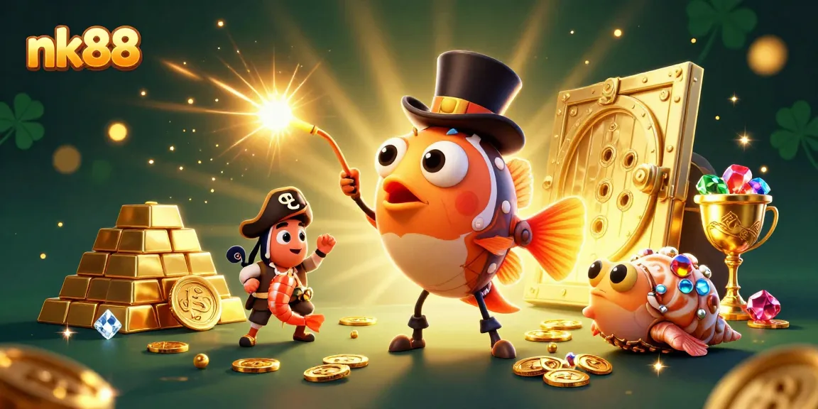 Engage in thrilling adventures with nk88, featuring a 3D anglerfish and pirate shrimp amidst sparkling treasure.