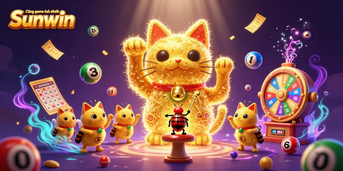 Cổng game bài đổi thưởng Sunwin features a colorful illustration of golden fireflies forming a lucky cat, surrounded by dynamic lottery elements.