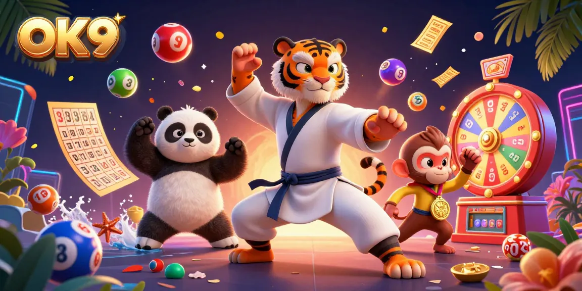 Experience the excitement of gambling with OK9 featuring vibrant casino elements in a lively 3D scene.