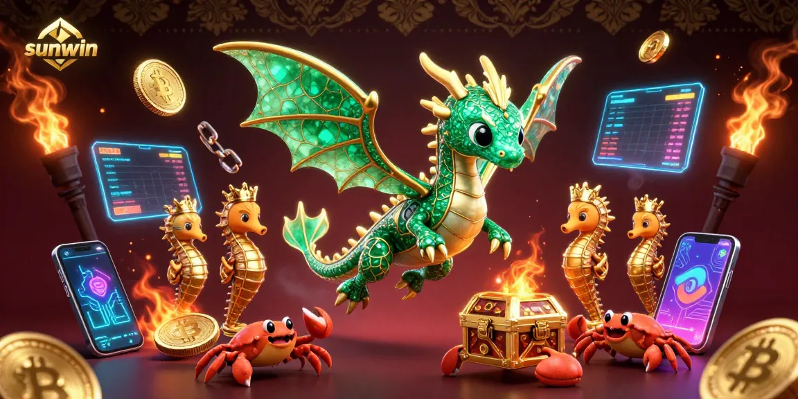 Win big at Sunwin with vibrant sea dragon and crypto-themed casino illustration.